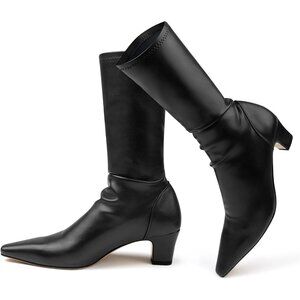 Women's Knee High Black-a Boots Pointed Toe Stretchy Block Heel Pull On Style
